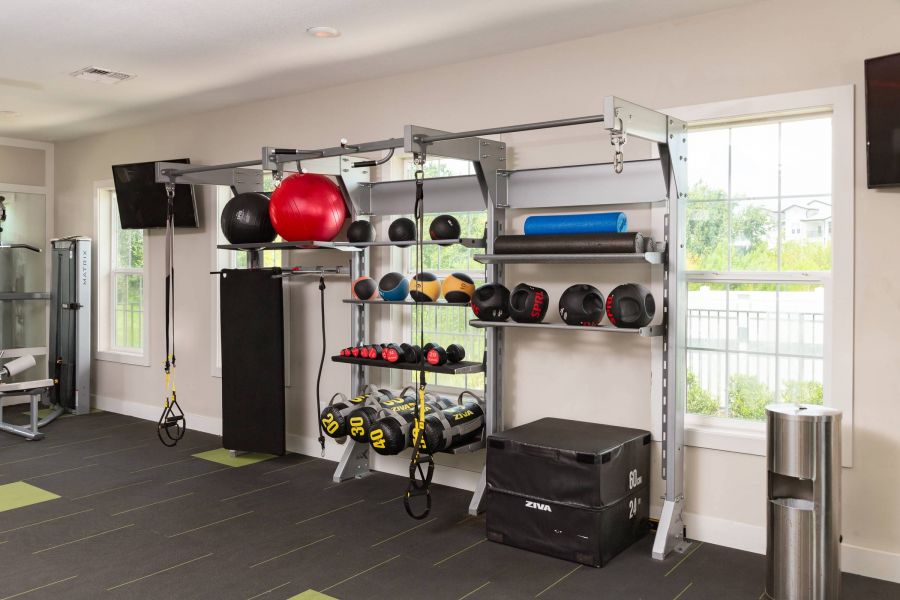 Shadetree Apartments with Modern gym room with shelves holding medicine balls, kettlebells, yoga mats, and other fitness equipment.