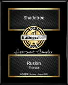 Shadetree Apartments with Plaque for Shadetree, Top 3 Apartment Complex in Ruskin, Florida, from BusinessRate, dated August 2025.