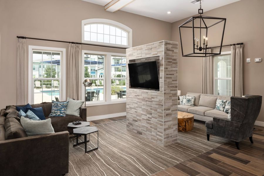 Shadetree Apartments with Modern living room with two sofas, a TV on a stone divider, large windows, and neutral-toned decor.