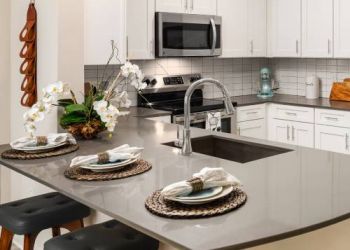 Shadetree Apartments with Modern kitchen with white cabinets, gray countertop, and place settings for three at the island.