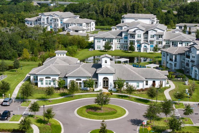 Shadetree Apartments with Aerial view of a modern apartment complex with landscaped grounds and a circular driveway.