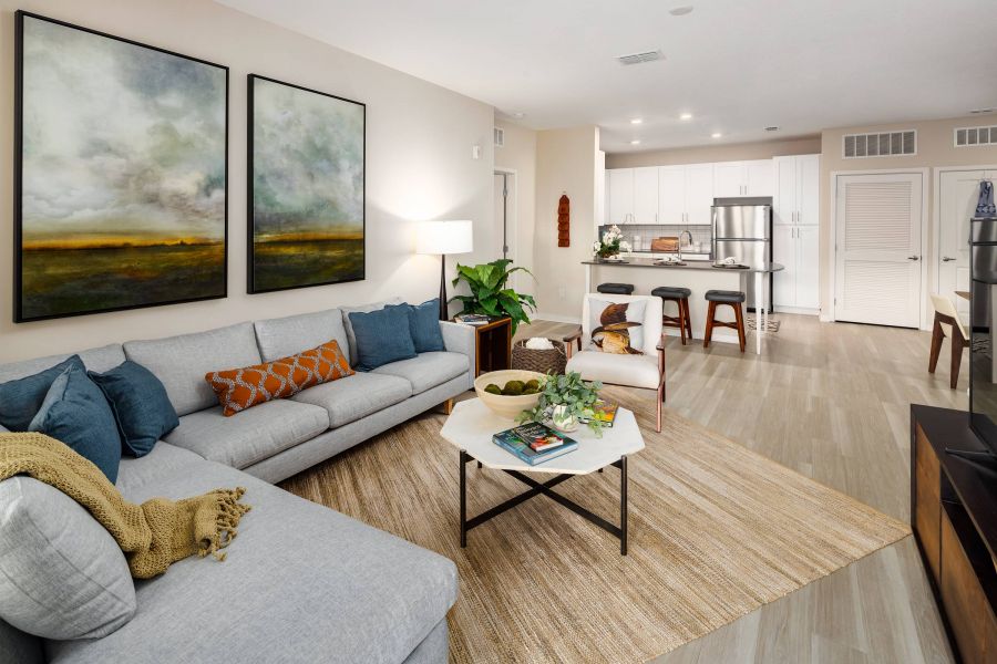 Shadetree Apartments with Modern open-concept living room and kitchen with a gray sectional sofa, art, and light wood flooring.