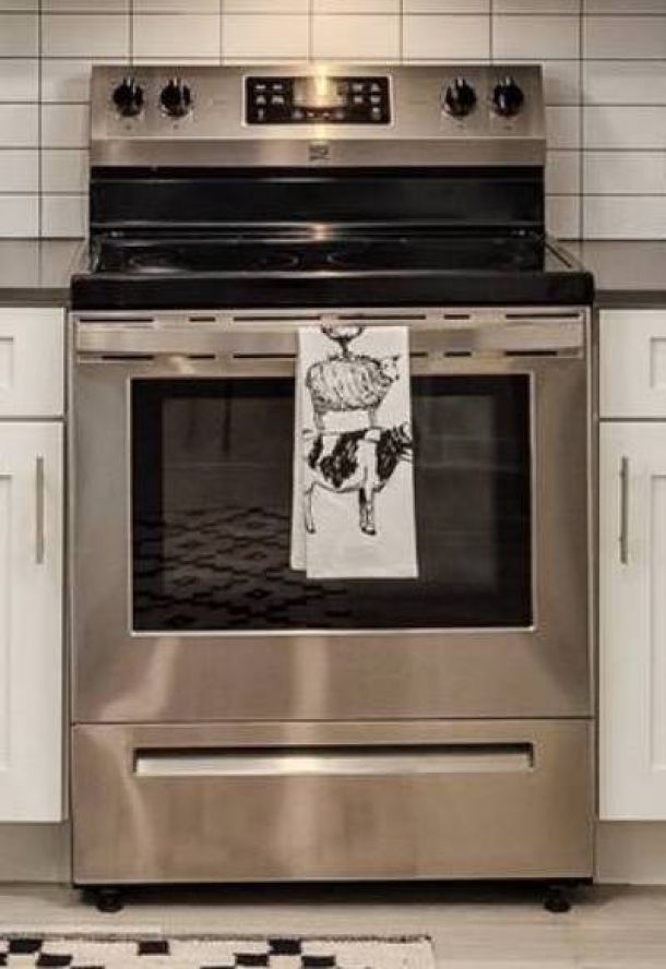 Shadetree Apartments with A stainless steel oven with a towel hanging on the handle in a modern kitchen with white cabinets.