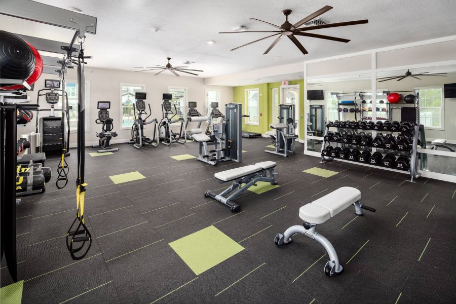 Shadetree Apartments with Bright gym with weight racks, benches, cardio machines, mirrored wall, and ceiling fans on a tiled floor.