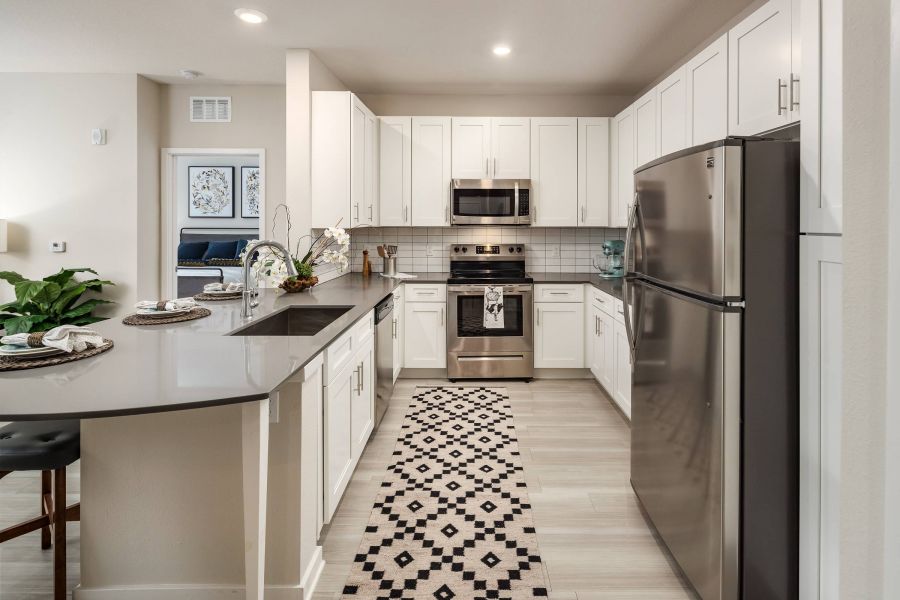 Shadetree Apartments with Modern kitchen with white cabinets, stainless steel appliances, and a black-and-white patterned rug.